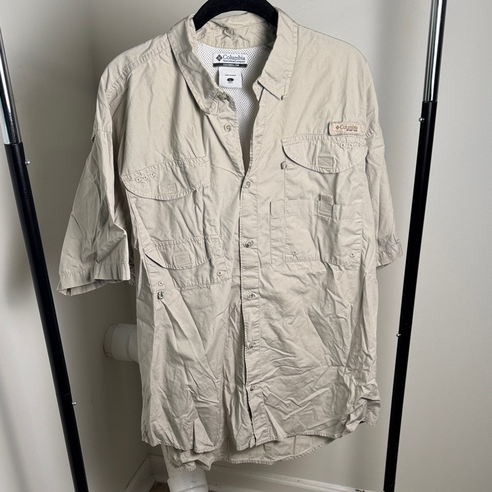Columbia PFG Men's Lightweight Beige Cotton Vented Fishing Outdoor Shirt Large